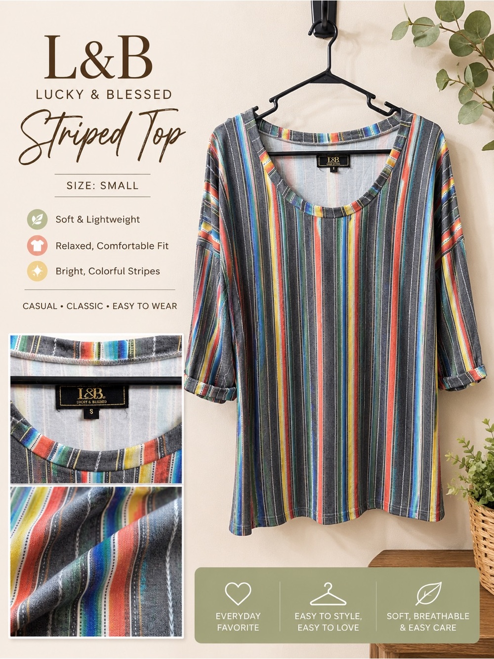 Lucky & Blessed Gray Multistripe Short Sleeve Top